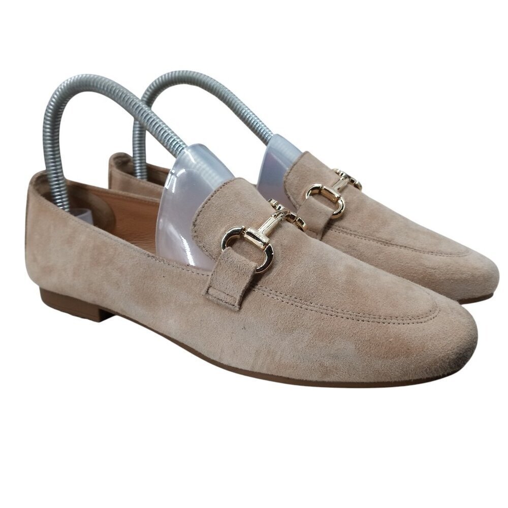 Joie Suede Slip On Loafers Size 6.5 Leather Gold Bit Flat Shoes Tan Beige Preppy